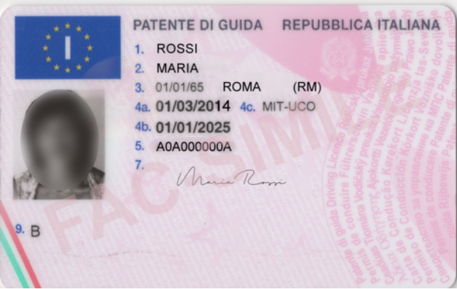Fronte della patente di guida italiana con i campi numerati da 1 a 9: cognome, nome, data di nascita, rilascio, scadenza, numero, foto, firma, categorie